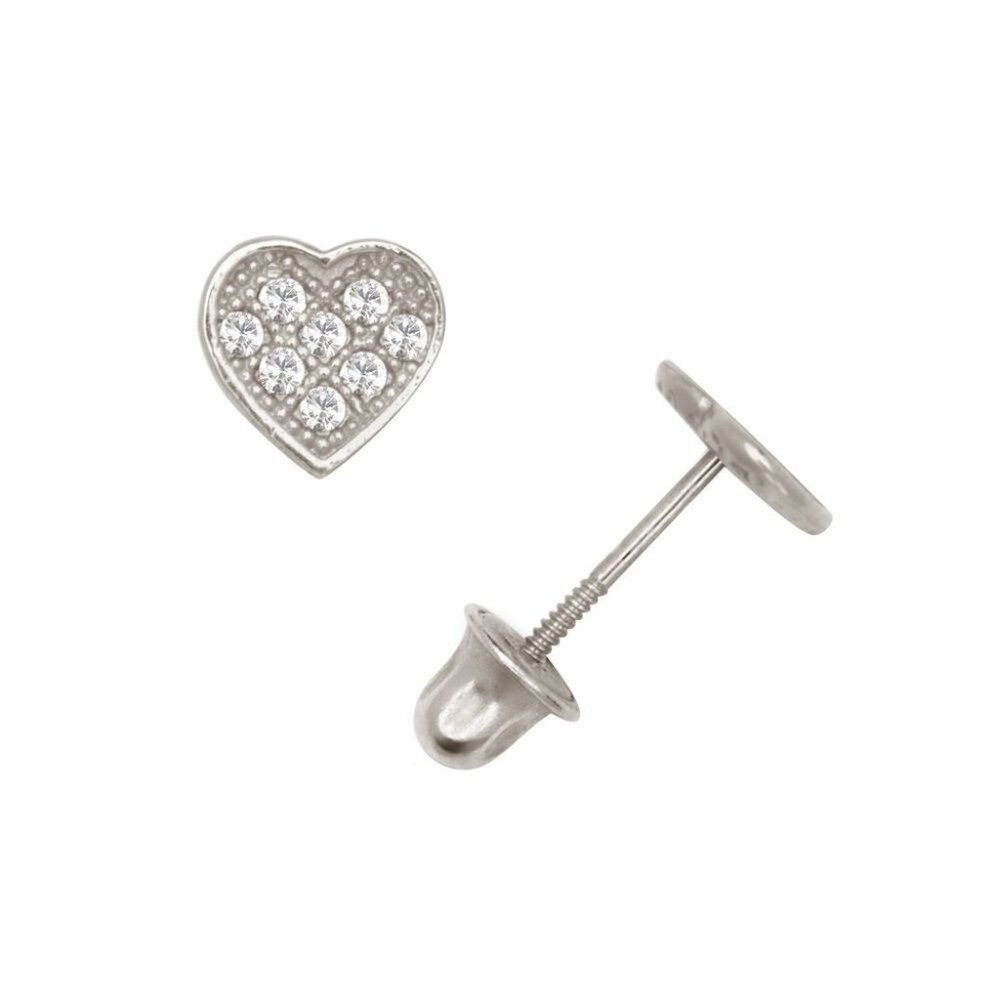 14k Solid White Gold Love 5mm Heart Screw Back Earrings with Sparkling Stones